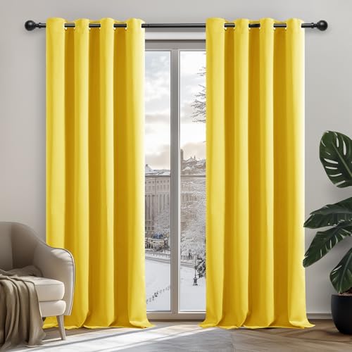 Deconovo Verdunkelungsvorhang Kälteschutz Gardinen Schlafzimmer Kälteschutzvorhang Blickdicht, 138x117cm(HöhexBreite), Senfgelb, 2er Set von Deconovo