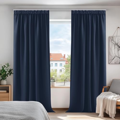 Deconovo Verdunkelungsvorhang Kräuselband Gardine Vorhang Blickdicht dicke Thermogardine Kälteschutz warm Hitzeschutz, 160x132cm(HöhexBreite), Dunkelblau, 2er Set von Deconovo