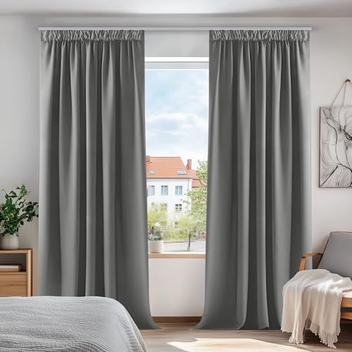 Deconovo Verdunkelungsvorhang Kräuselband Gardinen Schlafzimmer Thermogardine Kälteschutz Kräuselband, 229x229cm(HöhexBreite), Hellgrau, 2er Set von Deconovo