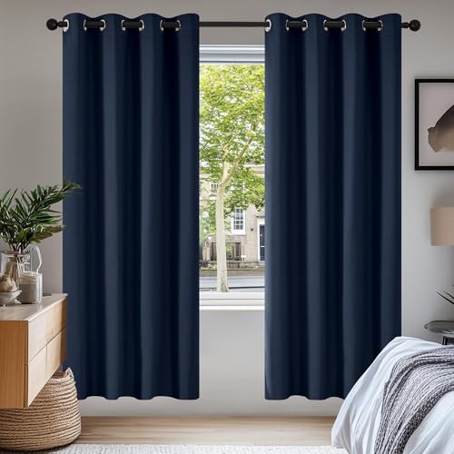 Deconovo Verdunkelungsvorhang Ösen Gardinen Wohnzimmer Vorhang und Vorhänge Kälteschutz, 175x140cm(HöhexBreite), Dunkelblau, 2er Set von Deconovo