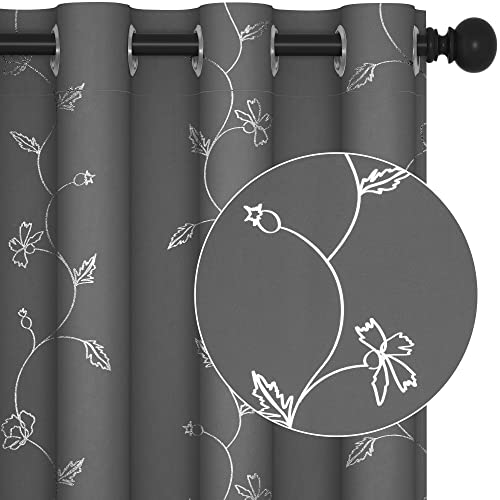 Deconovo Verdunklungsvorhänge mit Ösen Gardinen Sonnenschutz Thermovorhang für Schlafzimmer mit Muster, 138x117 cm(HöhexBreite), Blumen Hellgrau, 2er Set von Deconovo