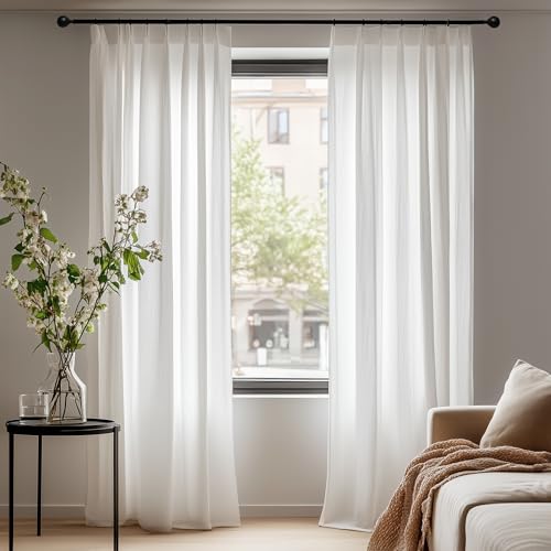 Deconovo Voile Durchsichtig Vorhang mit Kräuselband Luftige Dekoschal Halbtransparent Vorhänge Leinenoptik Gardinen Wohnzimmer Schlafzimmer, 138x140cm(HöhexBreite), Weiß, 2er Set von Deconovo