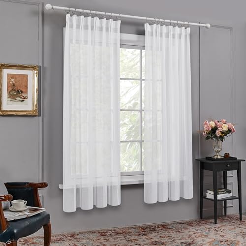 Deconovo Voile Gardinen mit Kräuselband Gardinenschal Vorhänge Dekoschal Transparent Vorhang Leinenoptik, 175x140cm(HöhexBreite), Weiß, 2er Set von Deconovo