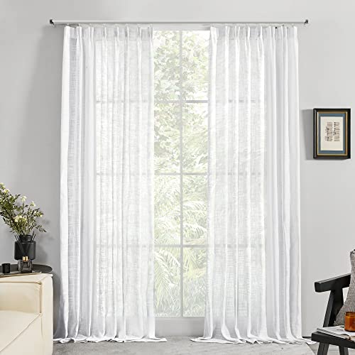 Deconovo Voile Gardinen mit Kräuselband Gardinenschal Vorhänge Dekoschal Halbtransparent Vorhang Leinenoptik, 220x140cm(HöhexBreite), Weiß, 2er Set von Deconovo