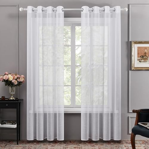 Deconovo Voile Gardinen mit Ösen Gardinenschal Vorhänge Dekoschal Transparent Vorhang Leinenoptik, 240x140cm(HöhexBreite), Weiß, 2er Set von Deconovo