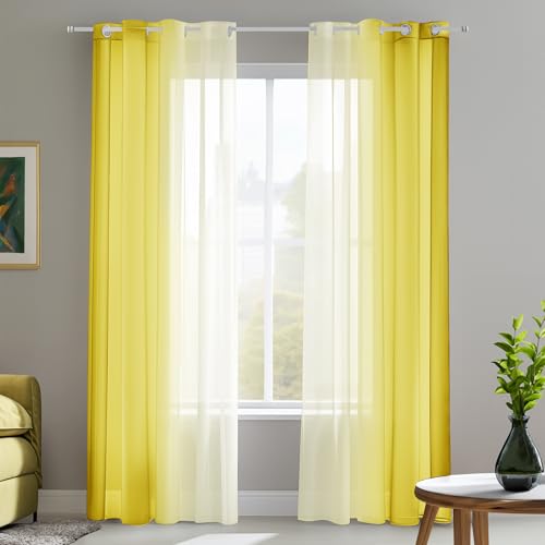 Deconovo Voile Vorhänge Durchsichtig Gardinenschals Balkon mit Ösen, 225x140 cm(HöhexBreite), Gelb, 2er Set von Deconovo