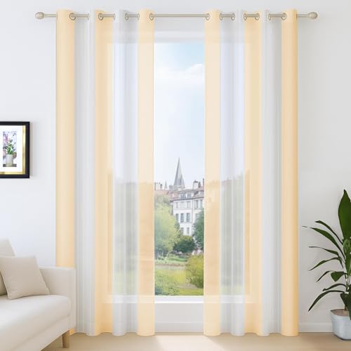 Deconovo Voile Vorhänge mit Ösen, Gardinen Wohnzimmer Modern, Vorhangschal Transparent Boho Streifenmuster, 175x140 cm(HöhexBreite), Creme, 2er Set von Deconovo