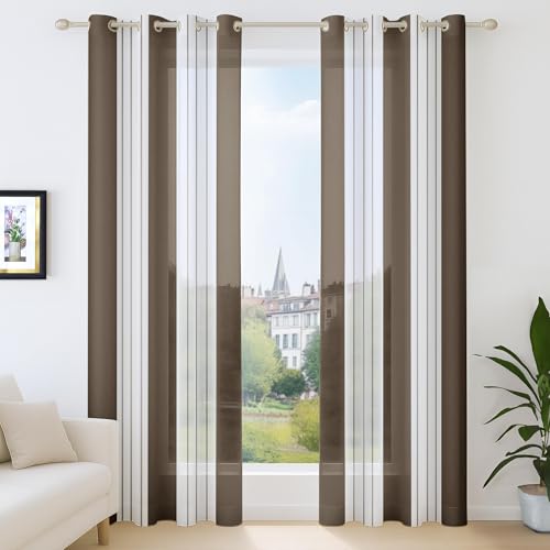 Deconovo Voile Vorhänge mit Ösen, Vorhangschal Transparent Boho Streifenmuster, Fensterschal Schlafzimmer in Leinenoptik, 138x140 cm(HöhexBreite), Braun, 2er Set von Deconovo