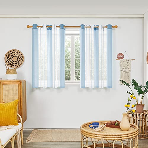 Deconovo Voile Vorhänge mit Ösen, Vorhangschal Transparent Boho Streifenmuster, Fensterschal Schlafzimmer in Leinenoptik, 138x140 cm(HöhexBreite), Hellblau, 2er Set von Deconovo