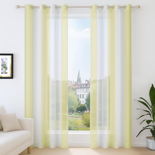 Deconovo Voile Vorhänge mit Ösen, Vorhangschal Transparent Boho Streifenmuster, Fensterschal Schlafzimmer in Leinenoptik, 138x140 cm(HöhexBreite), Hellgrün, 2er Set von Deconovo