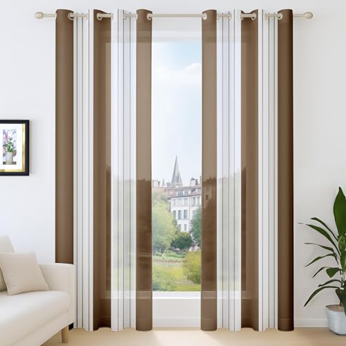 Deconovo Voile Vorhänge mit Ösen, Vorhangschal Transparent Boho Streifenmuster, Fensterschal Schlafzimmer in Leinenoptik, 138x140 cm(HöhexBreite), Kaffe, 2er Set von Deconovo