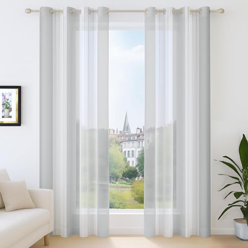 Deconovo Voile Vorhänge mit Ösen, Vorhangschal Transparent Boho Streifenmuster, Fensterschal Schlafzimmer in Leinenoptik, 175x140 cm(HöhexBreite), Hellgrau, 2er Set von Deconovo