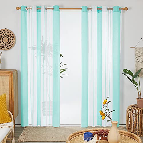 Deconovo Voile Vorhänge mit Ösen, Vorhangschal Transparent Boho Streifenmuster, Fensterschal Schlafzimmer in Leinenoptik, 260x140 cm(HöhexBreite), Blaugrün, 2er Set von Deconovo