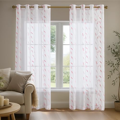 Deconovo Voile Vorhang Transparent Gardinen mit Ösen Wohnzimmer Gardinenschals Dekoschal Lichtdurchlässig Vorhänge für Schlafzimmer, 180x140 cm, Rosa, 2er Set von Deconovo