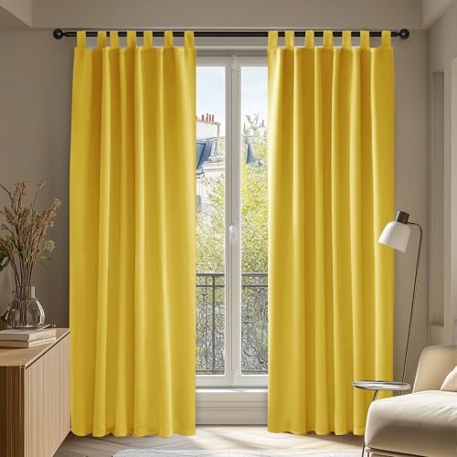 Deconovo Vorhänge Blickdicht mit Schlaufen Verdunkelungsvorhänge Thermo gardinen Schlafzimmer Thermogardinen Kälteschutz, 290x140 cm(HöhexBreite), Senfgelb, 2er Set von Deconovo