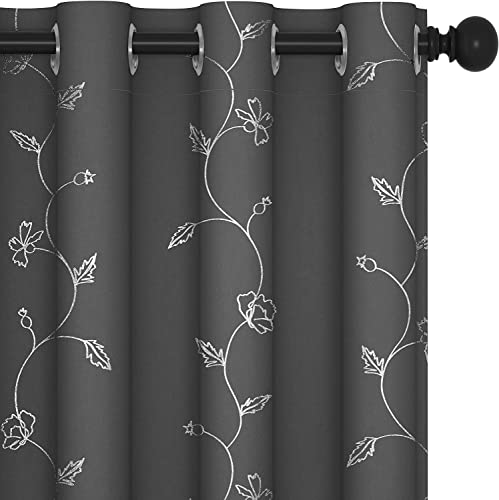 Deconovo Vorhänge Kälteschutz Lärmschutz mit Kälteschutz Gardinenschal Verdunklung Gardinen für Wohnzimmer, 260x140 cm(HöhexBreite), Blumen Dunkelgrau, 2er Set von Deconovo