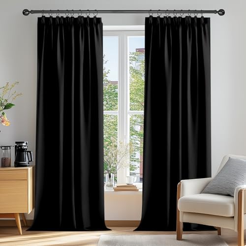 Deconovo Vorhänge Verdunkelungsgardinen mit Kräuselband Gardinen Schlafzimmer Kinderzimmer Hitzeschutz, 229x117 cm(HöhexBreite), Schwarz, 2er Set von Deconovo
