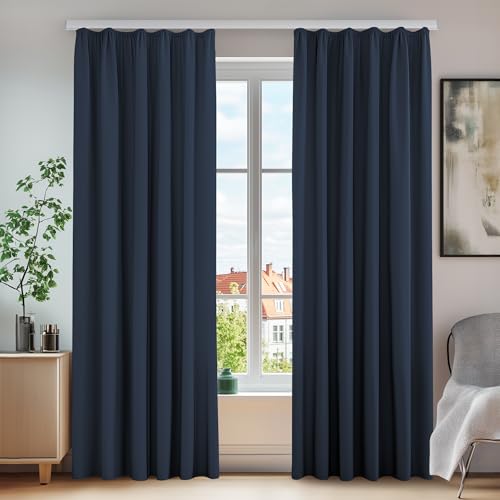 Deconovo Vorhang Blickdicht Gardinen Winter Wohnzimmer Lärmschutz mit Kräuselband Kälteschutz, 210x140 cm(HöhexBreite), Dunkelblau, 2er Set von Deconovo