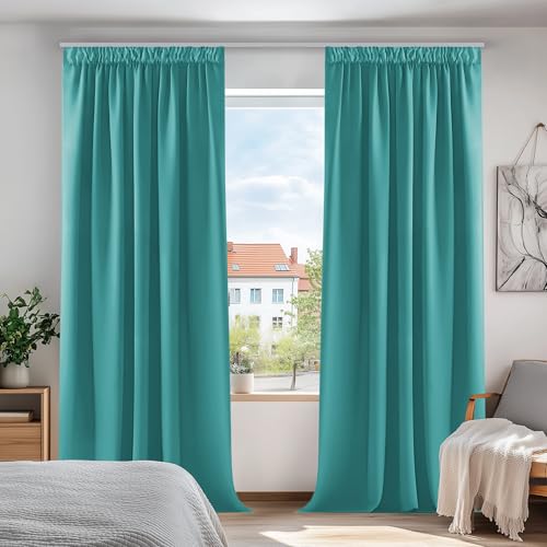 Deconovo Vorhang Blickdicht Kräuselband Gardine Thermovorhang Kälteschutz Verdunkelung, 240x140cm(HöhexBreite), Türkis, 2er Set von Deconovo