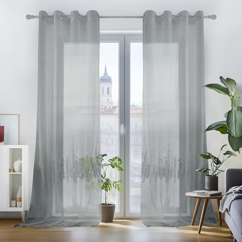 Deconovo Vorhang Luftig Gardinen mit Ösen Transparent Gardine Vorhänge Wohnzimmer Ösenvorhang, 245x140 cm, Grau, 2er Set von Deconovo