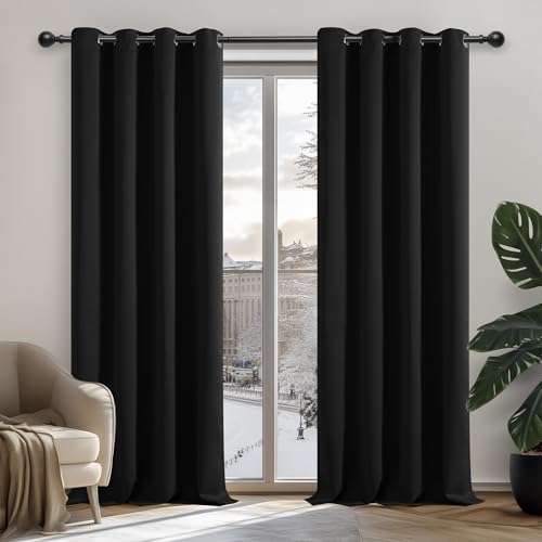 Deconovo Vorhang Verdunkelung Ösen Gardinen Schlafzimmer Thermogardine Ösen, 260x140 cm(HöhexBreite), Schwarz, 2er Set von Deconovo