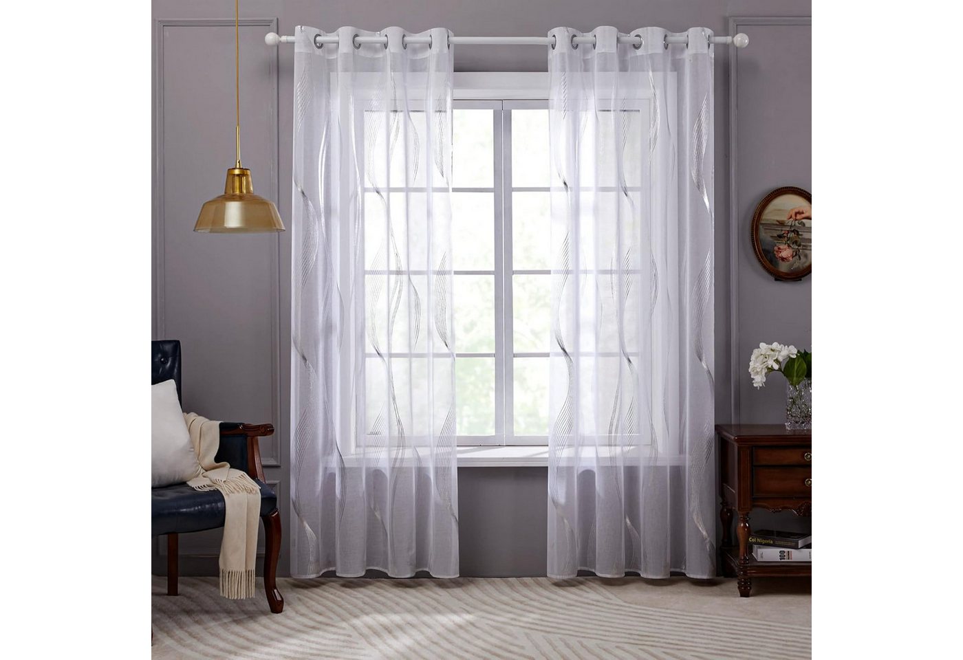 Deconovo Vorhang Voile Gardinen Ösenschal Transparent Ösenvorhang Wohnzimmer 2er Set, Vorhänge mit silbernen Wellenmustern Deconovo Vorhang Voile Gardinen Ösenschal Transparent Ösenvorhang Wohnzimmer 2er Set, Vorhänge mit silbernen Wellenmustern von Deconovo