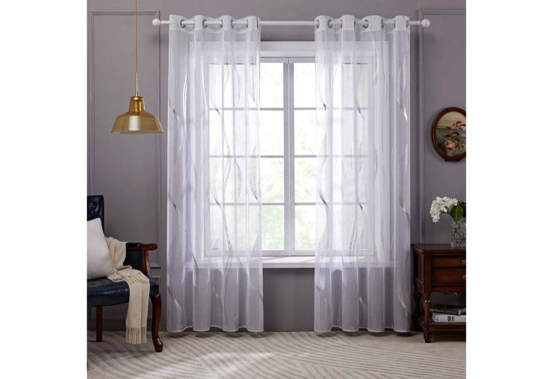 Deconovo Vorhang Voile Gardinen Ösenschal Transparent Ösenvorhang Wohnzimmer 2er Set, Vorhänge mit silbernen Wellenmustern von Deconovo