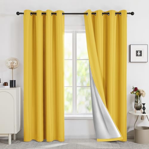 Deconovo Vorhang mit Ösen für Wohnzimmer Oxford Thermovorhang Gardinen, 175x140 cm(HöhexBreite), Gelb, 2er Set von Deconovo