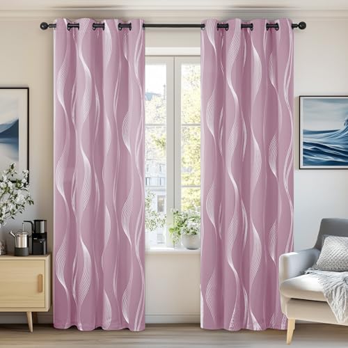 Deconovo für Wohnzimmer thermo Thermogardine Hitzeschutz dicke Kälteschutz, Blickdicht Verdunkelungsvorhang mit Muster, Gardinen mit Silberne Kurve, 183x117 cm(HöhexBreite), Hellpink, 2er Set von Deconovo