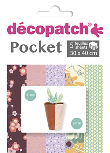Decopatch Décopatch DP025C - Packung Déco Pocket mit 5 Blatt 30x40 cm in 5 verschiedenen Designs, praktisch und einfach zum Verwenden, ideal für Ihre Pappmachés und Bastelprojekte, 1 Pack von Décopatch