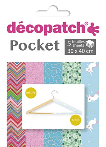 Décopatch DP030C - Packung Déco Pocket mit 5 Blatt 30x40 cm in 5 verschiedenen Designs, praktisch und einfach zum Verwenden, ideal für Ihre Pappmachés und Bastelprojekte, 1 Pack von Décopatch