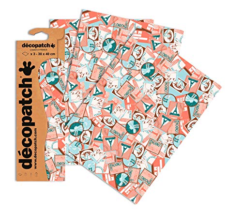 Decopatch Papier No. 692 (orange Türkis Briefmarken Städte, 395 x 298 mm) 3er Pack von Decopatch