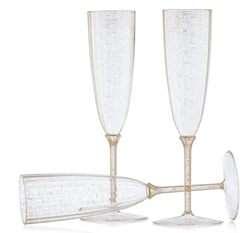 Decor Decorline - 96 Sektläser aus Premium-Kunststoff mit Goldglitter Stiel-Glas Wiederverwendbar Champagner Gläser für Hochzeiten & Partys, 170ml - Mehrweg & Stabil von Decor Decorline