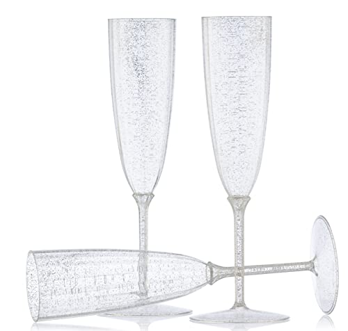 Decor Decorline - 96 Sektläser aus Premium-Kunststoff mit Silberglitter Stiel-Glas Wiederverwendbar Champagner Gläser für Hochzeiten & Partys, 170ml - Mehrweg & Stabil von Decor Decorline