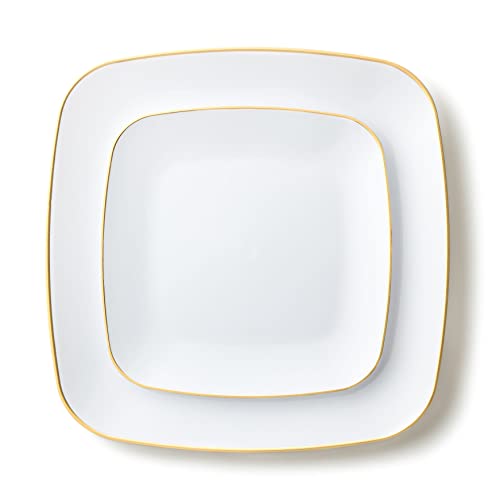 Decorline Premium Mehrweg Kunststoff Partygeschirr set - 32 Teile - Quadratische Teller Stabil & Wiederverwendbares Teller Set - 2 Größen (16x25cm & 16x18cm) - Weiss/Gold - Classic von Decor Decorline