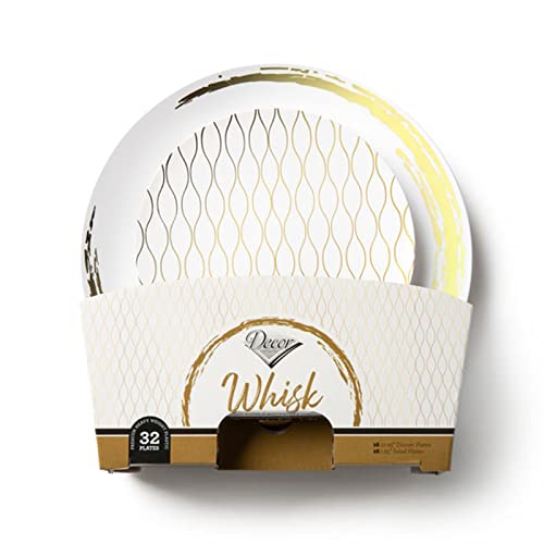 Decor Decorline - Premium Mehrweg Kunststoff Partygeschirr set - 32 Teile - Whisk-Kollektion - Weiss/Gold - Stabil, Wiederverwendbares Teller Set -2 Größen (16x26cm, 16x19cm) von Decor Decorline