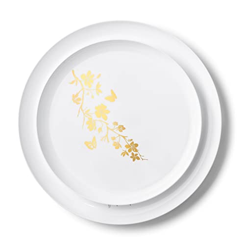 Decor Decorline Premium Mehrweg Plastic Partygeschirr set 20 Teller, Wiederverwendbares Teller Weiss mit Goldene Blumen | Set 2 Größen - 10x 26cm + 10x 21cm je 10 Stück - Weiss/Gold von Decor Decorline