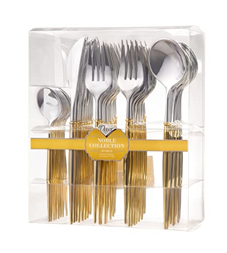 Decor Decorline - Wiederverwendbare Robust Plastikbesteckset - 40 Teilig - mit je 16 Gabeln, 8 Messern, 8 Löffel und 8 kaffee/Teelöffel - Noble Collection - Top: Glänzendes Silber - Griff: Gold von Decor Decorline