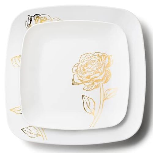 Decorline 32 Elegante Stabile Mehrweg Plastikteller, Quadratische Mehrwegteller Weiß mit Goldene Blumen | Set 2 Größen -Speiseteller 25cm + Dessertteller 18cm je 16 Stück | Weiss/Gold (Peony) von Decor Decorline