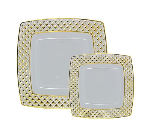 Decorline 40 Wiederverwendbaren Kunststofftellern – Quadratische Mehrweg Vorspeisen & Dessertteller (20x25cm & 20x20cm) – Elegante Hochzeitsteller, Weihnachtsteller in Diamantmuster - Weiss/Gold von Decor Decorline