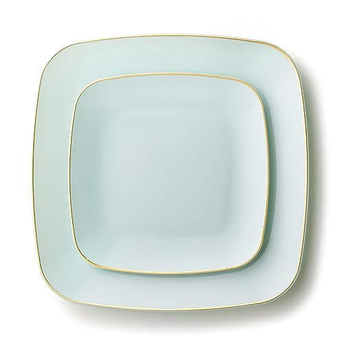 Decorline Premium Mehrweg Kunststoff Partygeschirr set - 32 Teile - Quadratische Teller Stabil & Wiederverwendbares Teller Set - 2 Größen (16x25cm & 16x18cm) - Turquoise/Gold - Classic von Decor Decorline