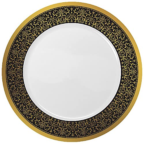 Decorline - Premium Mehrweg Teller Geschirrset - Wiederverwendbar Partygeschirr Für 16 Personen - 32 Teile - Majestic-Kollektion - Schwarz/Gold - Langlebiges Tafelservice Geschirr - 16 Gäste von Decor Decorline