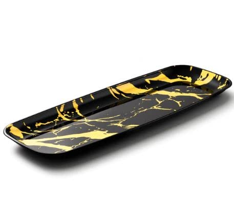 Decorline - Servierplatte - Set aus 4 - Oval Marmor Dekoteller aus Stabiler Wiederverwendbare Kunstoff, Ablageschale Serviertabletts & Partyplatten Buffet - Oval 16x45 cm - Schwarz/Gold von Decor Decorline