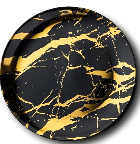 Decorline - Servierplatte - Set aus 4 - Runde Marmor Servierplatten aus Stabiler Wiederverwendbare Kunstoff, Ablageschale Serviertabletts & Partyplatten Buffet - Rund Ø 35 cm - Schwarz/Gold von Decor Decorline