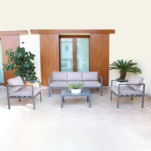 Decorspace Moderne Sitzgruppe für den Außenbereich Ibiza aus Aluminium mit Kissen für Garten und Veranda (5-Sitzer, Taupè) von Decor Space