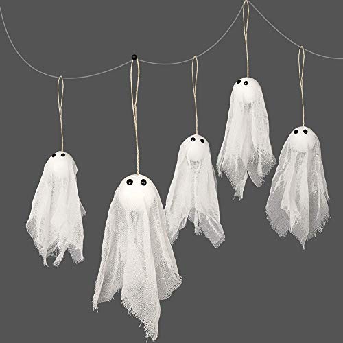 12 kleine Geister zum Aufhängen mit weißem Kriechtuch und schwarzen Augen für Halloween-Party-Dekoration für Zuhause, Hof, Garten, Kneipe, Klassenzimmer, Vitrinen, Wohnzimmer, Urlaub, Party-Dekoration von Decor365