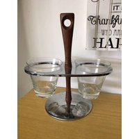 Mid Century Modern Condiment Stand, Lazy Susan Set, Massivholz Chrom Glas, 2 Schüsseln Drehbar Caddy, Geschenk von DecorDistillery