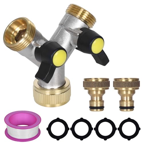 DecorDwell 2 Wege Verteiler Wasser 3/4" Wasserhahn Wasserverteiler Messing Wasseranschluss Verteiler mit individuellem Absperrhähnen Y-Verteiler für Garten Zulaufschlauch Waschmaschine Geschirrspüler von DecorDwell