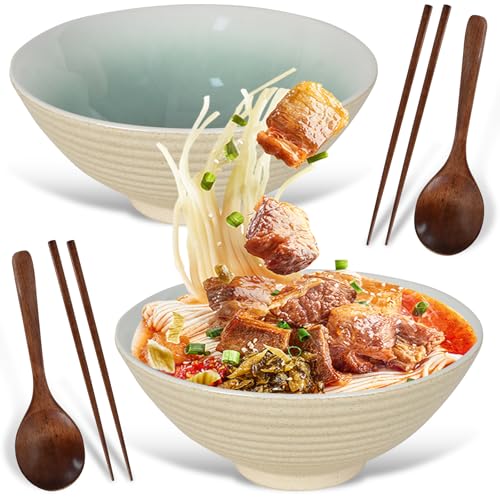 DecorDwell 2 x 1200ml Ramenschüssel aus Keramik mit Essstäbchen und Löffeln, Japanisches Porzellan Geschirr, Bowl Schüssel Suppenschüssel Groß, Suppenschalen für Nudeln Getreide Salat von DecorDwell