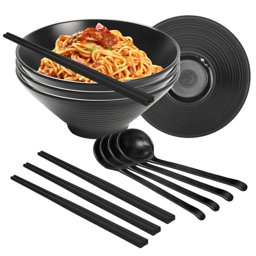 DecorDwell 4 x 1600ml Ramen Schüssel aus Melamin mit Essstäbchen und Löffeln, Japanisches Geschirr Set, Suppenschüsseln Noodle Bowl Große Schüssel für Nudeln Pasta Getreide Suppen Salat von DecorDwell